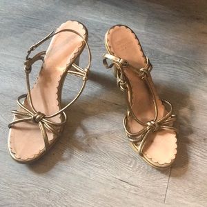 Moschino gold leather and wood heel sandals